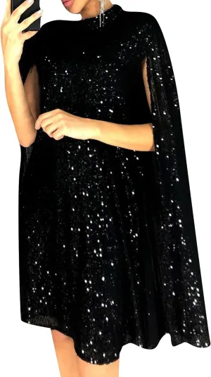 GORIFE Women's Sparkly Sheer Mock Neck Cape Mini Shiny Dress Party Sequin Split Cloak Glitter Loose Dress