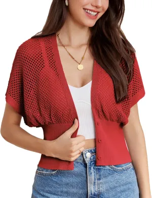 GRACE KARIN 2025 Women Short Sleeve Crochet Cardigan Summer Draped V-Neck Bolero Shrug Sweater Hollow Out Beach Cover Up