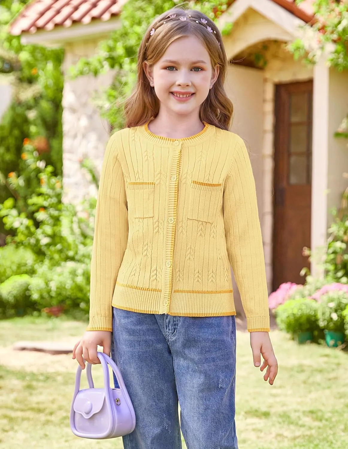 GRACE KARIN Girls Cardigan Sweater Long Sleeve Knit School Uniform Crew Neck Cute Cardigan 5-12 Years