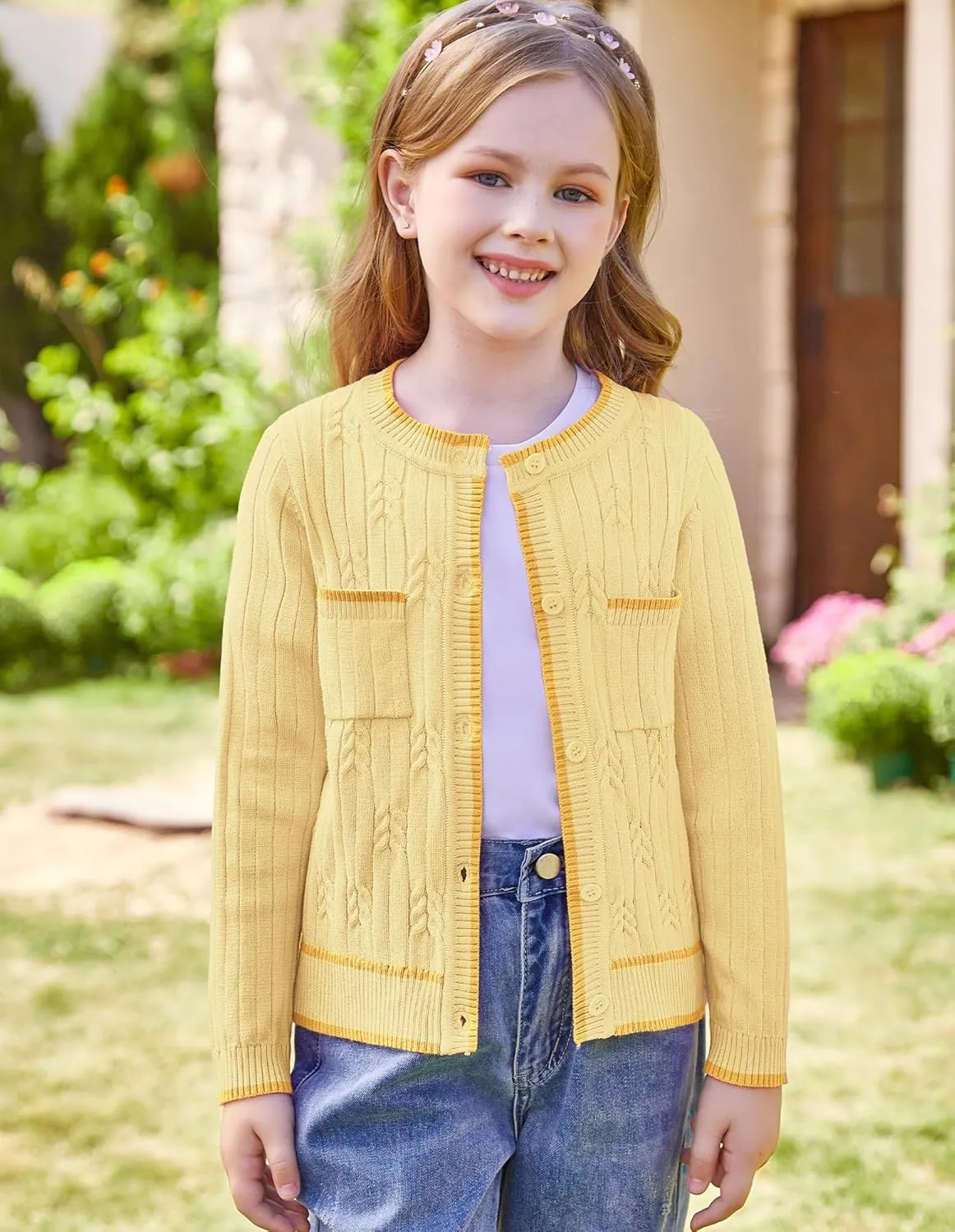 GRACE KARIN Girls Cardigan Sweater Long Sleeve Knit School Uniform Crew Neck Cute Cardigan 5-12 Years