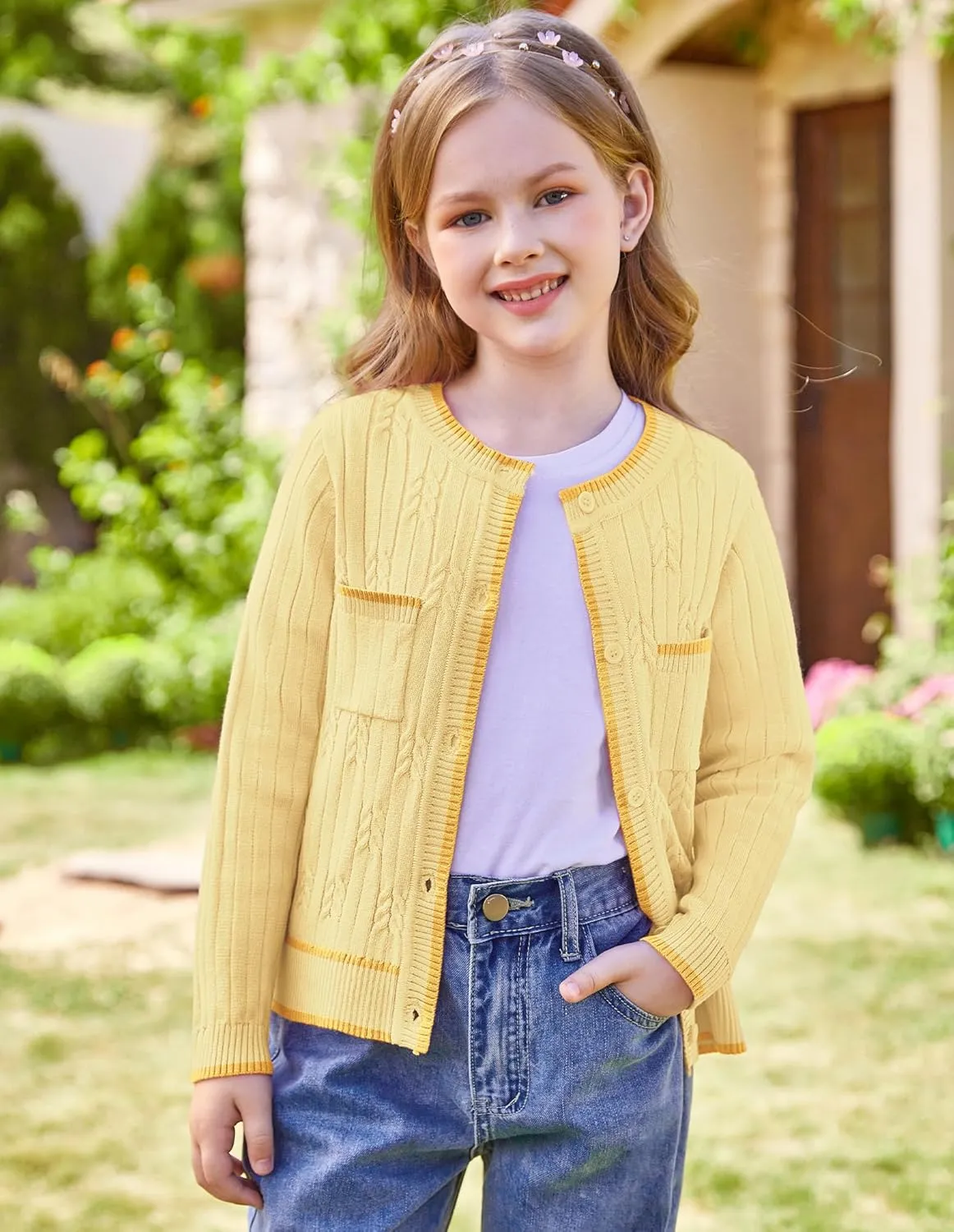 GRACE KARIN Girls Cardigan Sweater Long Sleeve Knit School Uniform Crew Neck Cute Cardigan 5-12 Years