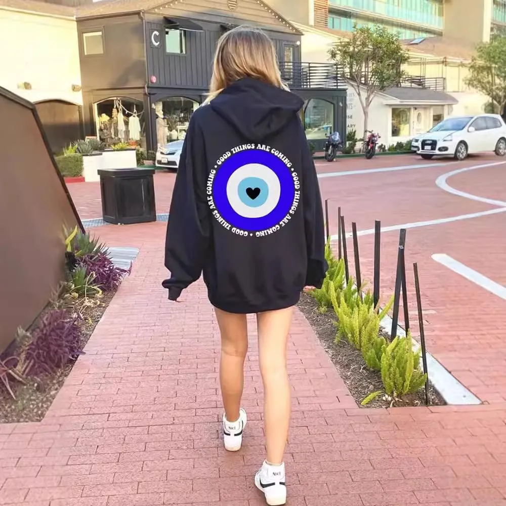 Graphic Evil Eye Streetwear Cute Pullover Long Sleeve Hoodie for Women Crewneck Oversized Sweatshirts