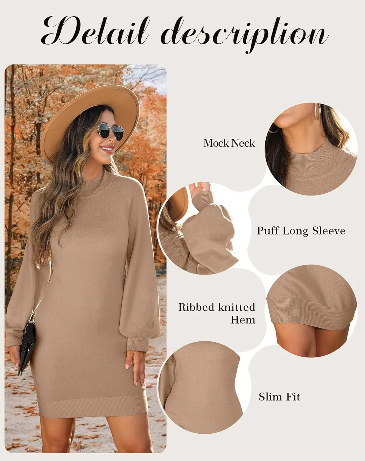 GRECERELLE Women's Mock Neck Ribbed Long Sleeve Bodycon Pullover Cute Mini Sweater Dress