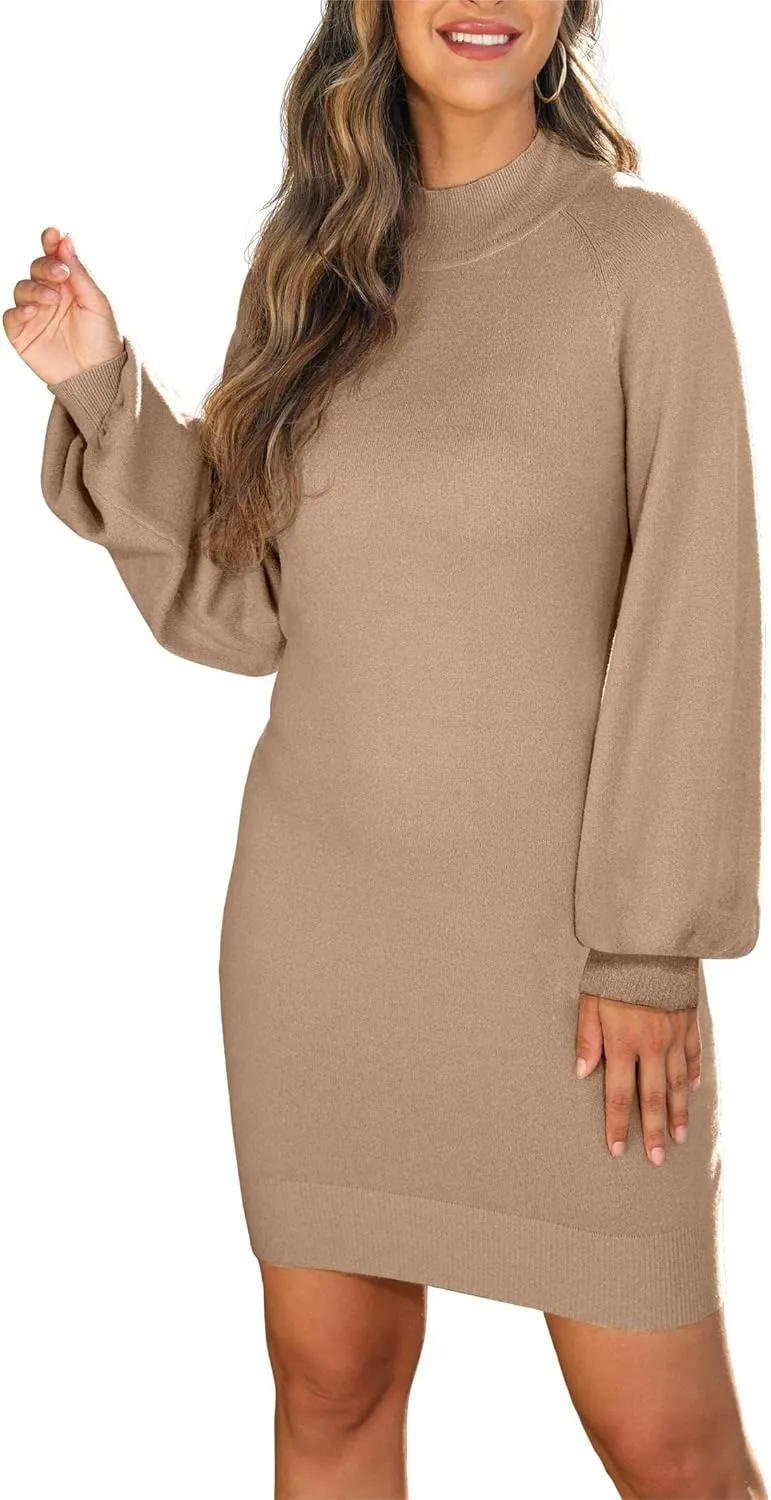 GRECERELLE Women's Mock Neck Ribbed Long Sleeve Bodycon Pullover Cute Mini Sweater Dress