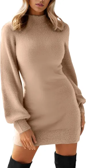 GRECERELLE Women's Mock Neck Ribbed Long Sleeve Bodycon Pullover Cute Mini Sweater Dress