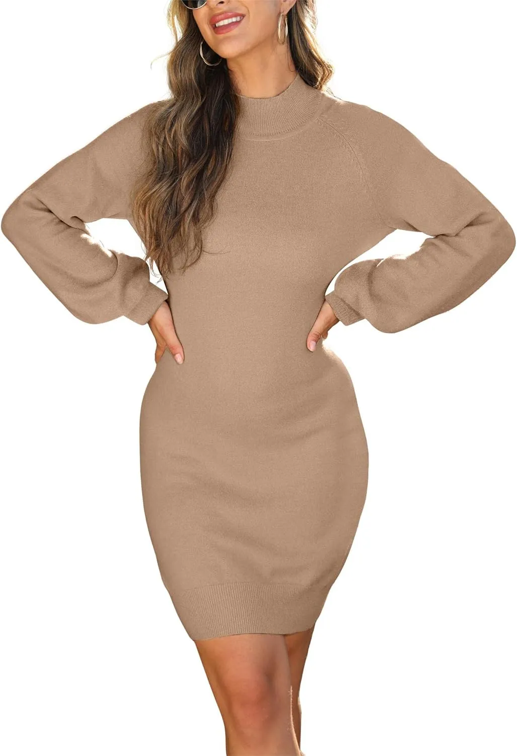 GRECERELLE Women's Mock Neck Ribbed Long Sleeve Bodycon Pullover Cute Mini Sweater Dress