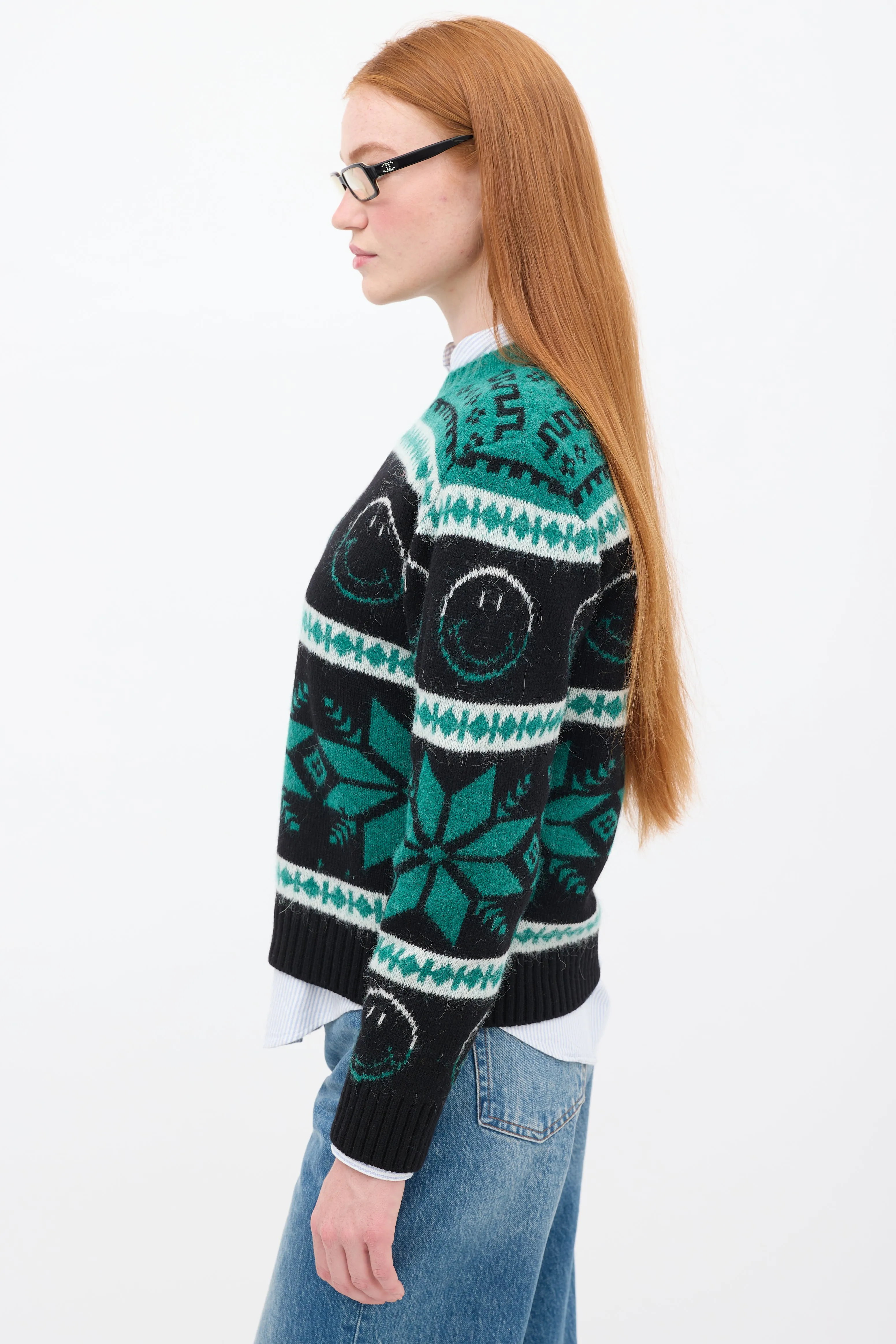 Green & Black Wool Smiley Intarsia Sweater