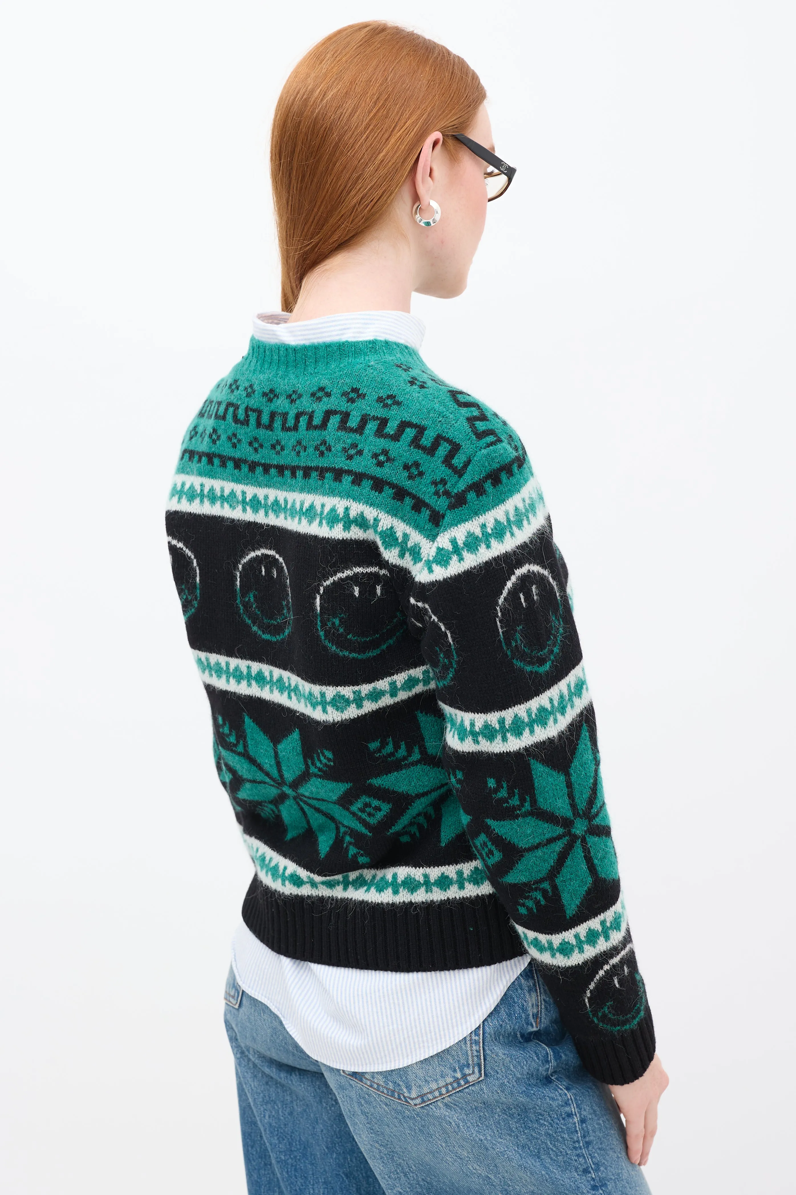 Green & Black Wool Smiley Intarsia Sweater