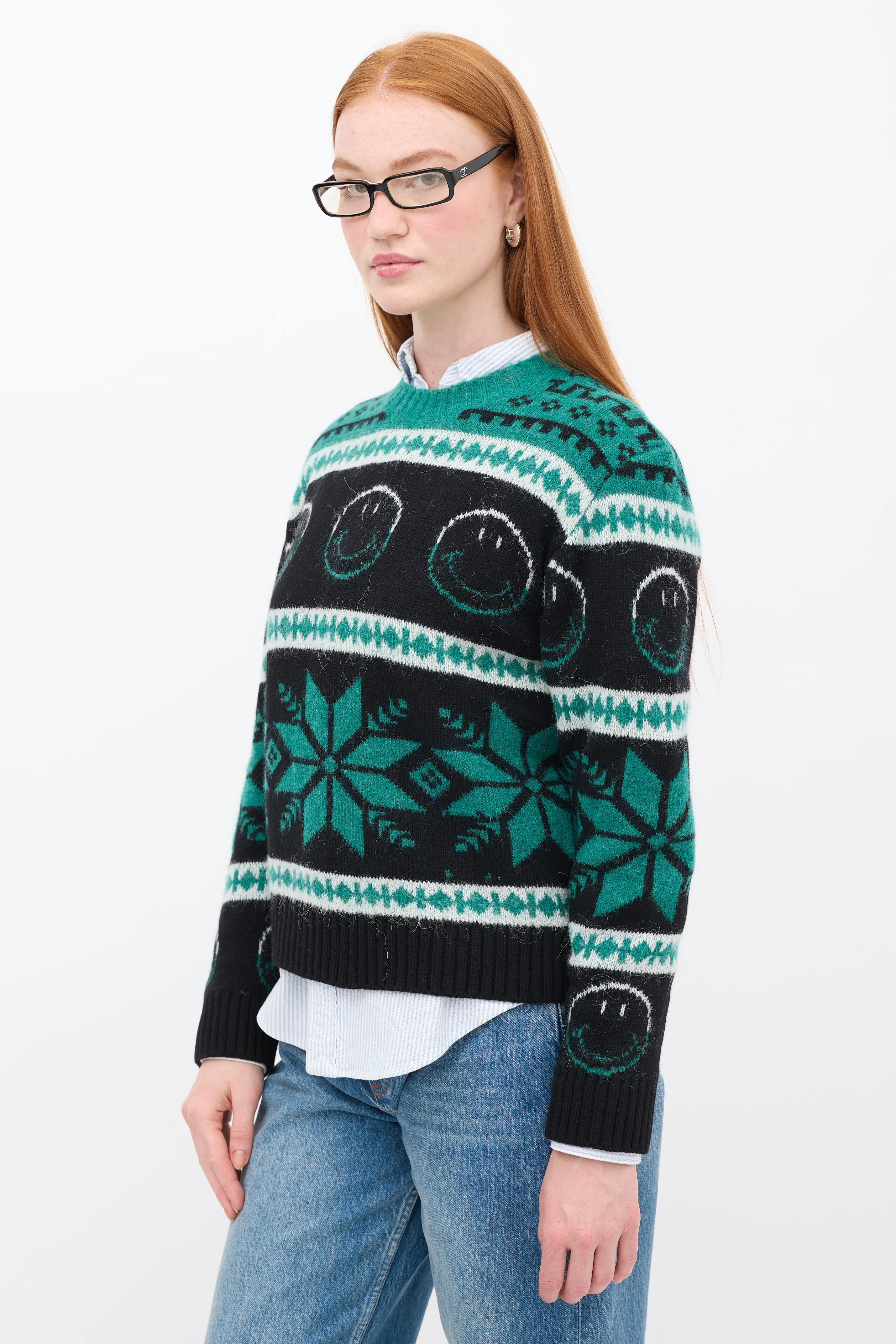 Green & Black Wool Smiley Intarsia Sweater