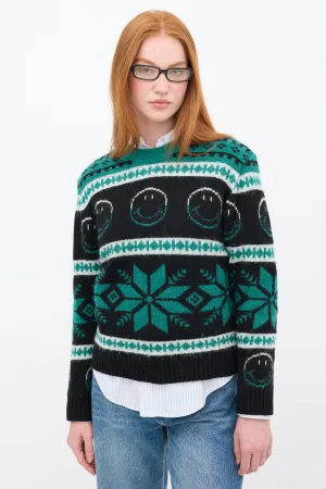 Green & Black Wool Smiley Intarsia Sweater