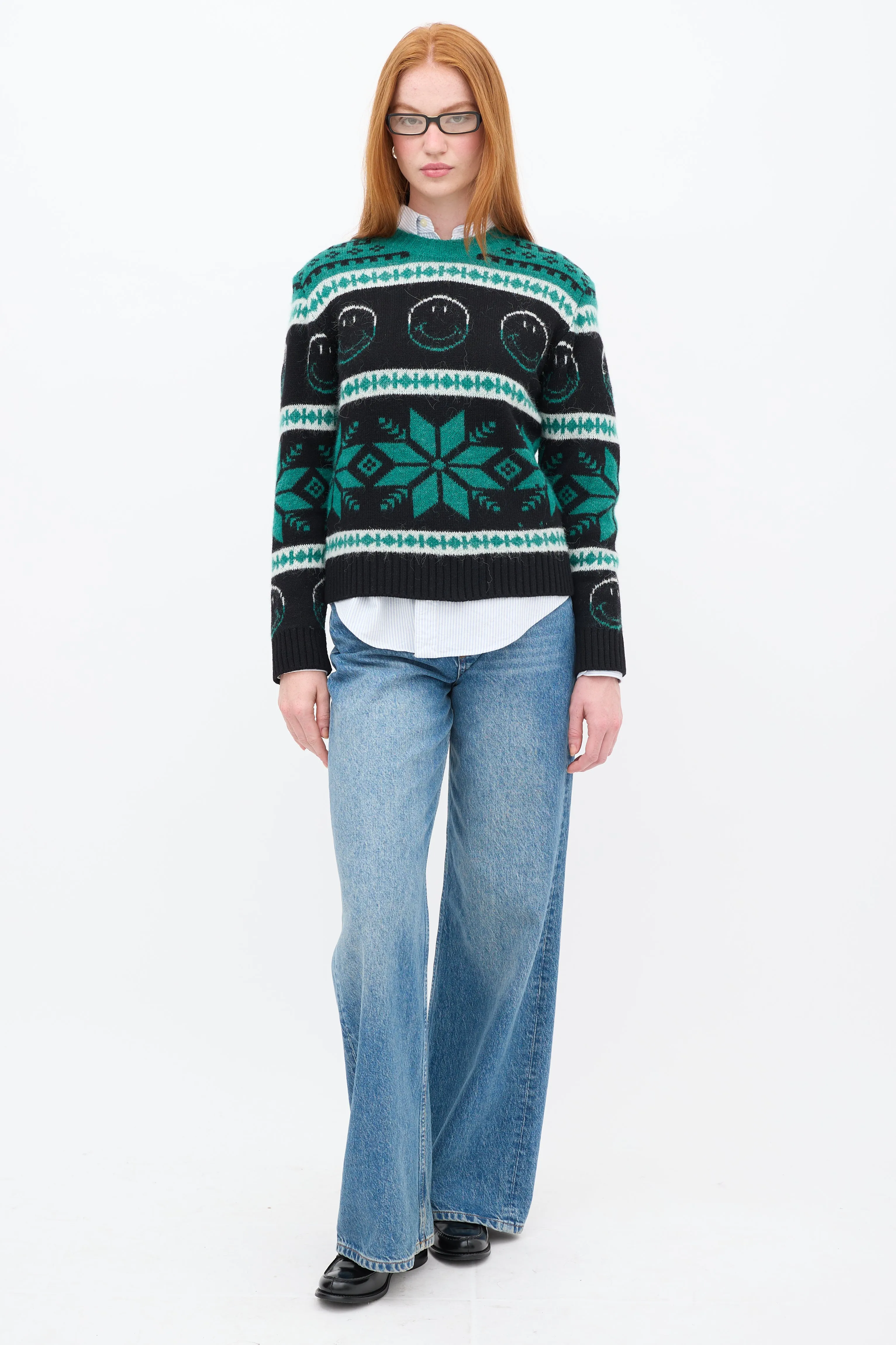 Green & Black Wool Smiley Intarsia Sweater