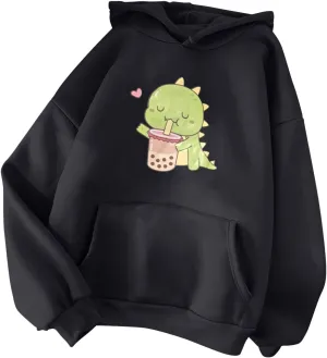 GREFER Women Oversized Hoodies Cute Dinosaur Printed Drawstring Hooded Sweatshirt Loose Version Long Sleeve Warm (1-Black, S)