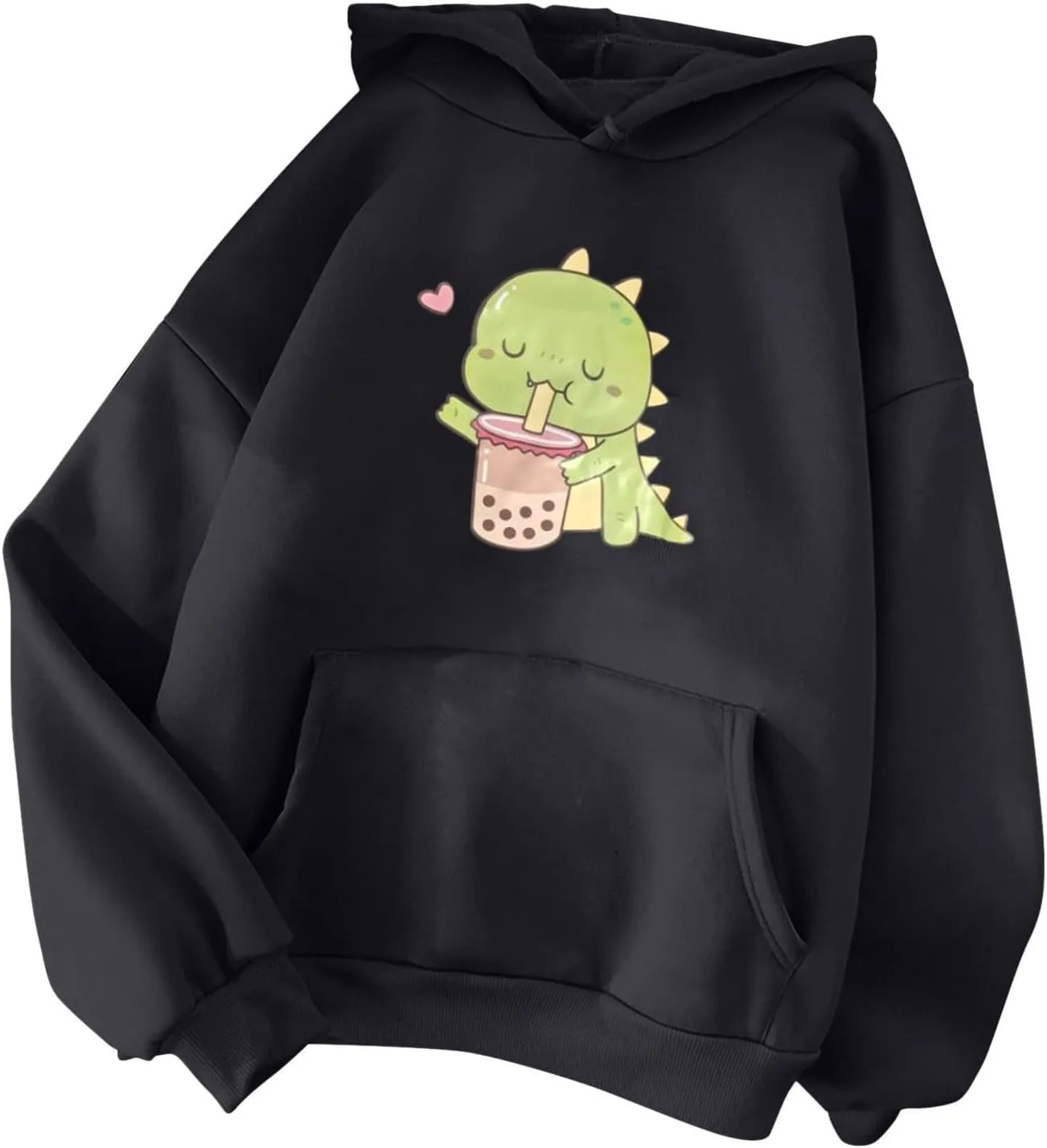GREFER Women Oversized Hoodies Cute Dinosaur Printed Drawstring Hooded Sweatshirt Loose Version Long Sleeve Warm (1-Black, S)