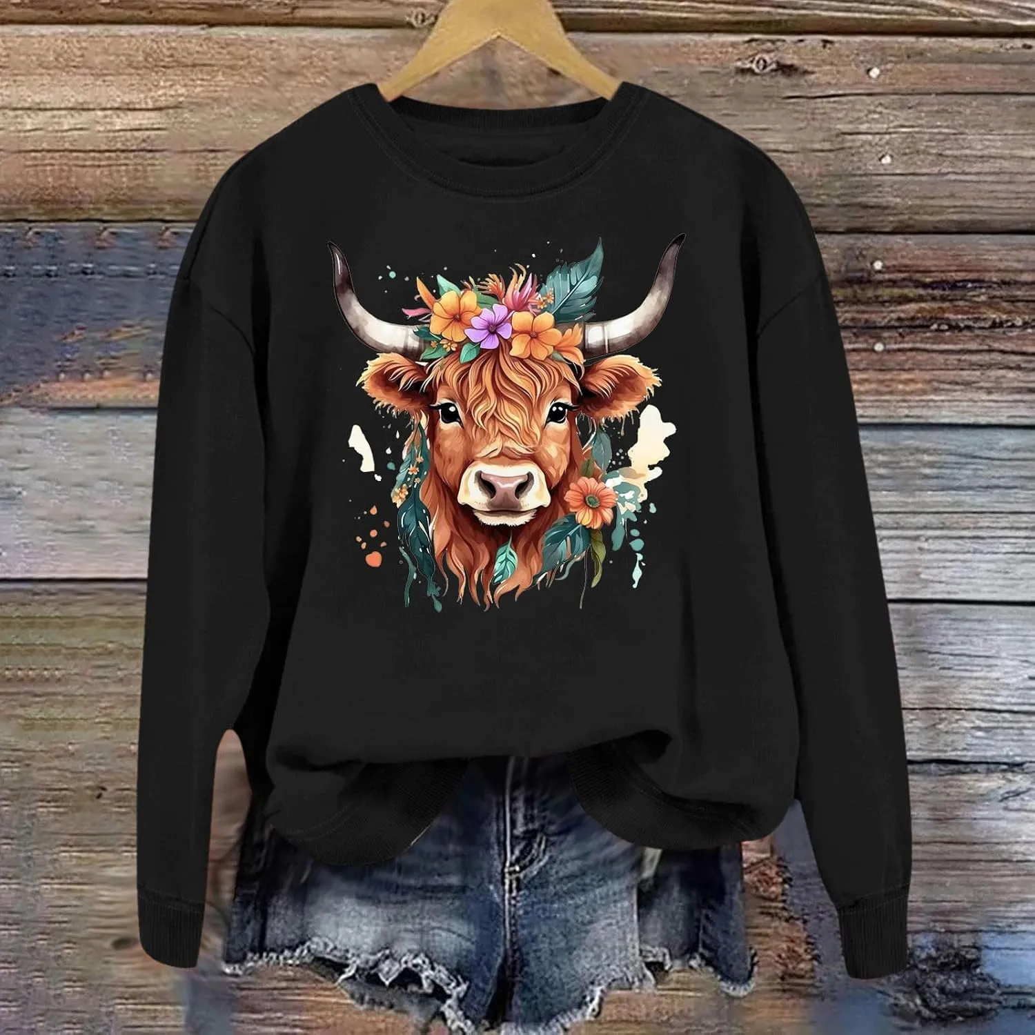 Highland Cow Sweatshirts for Women Funny Cute Casusl Loose Hoodies Western Cow Print Shirt Country Western Sweatshirt