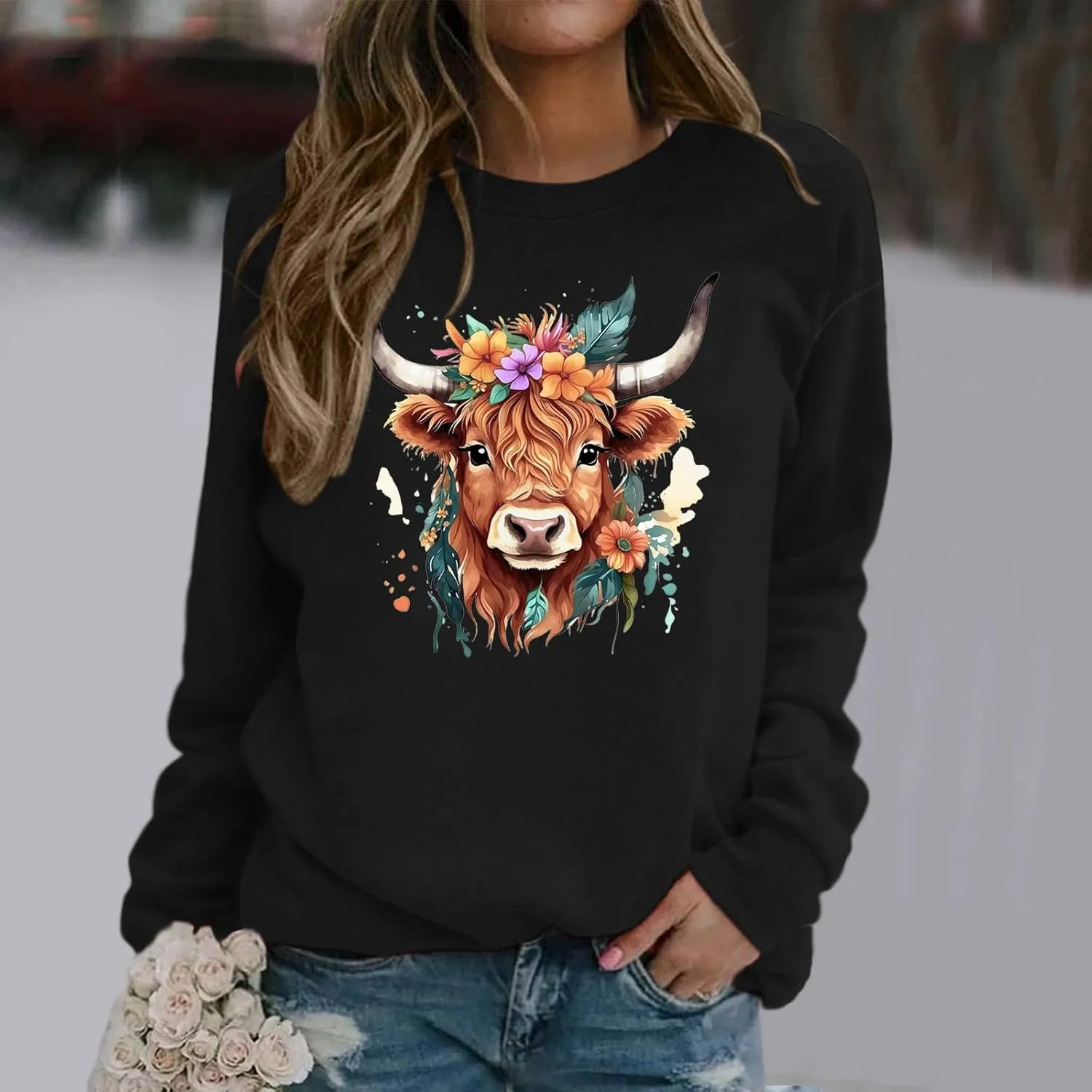 Highland Cow Sweatshirts for Women Funny Cute Casusl Loose Hoodies Western Cow Print Shirt Country Western Sweatshirt