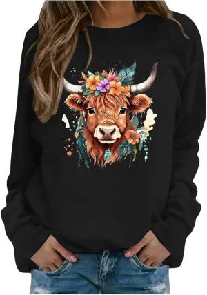 Highland Cow Sweatshirts for Women Funny Cute Casusl Loose Hoodies Western Cow Print Shirt Country Western Sweatshirt