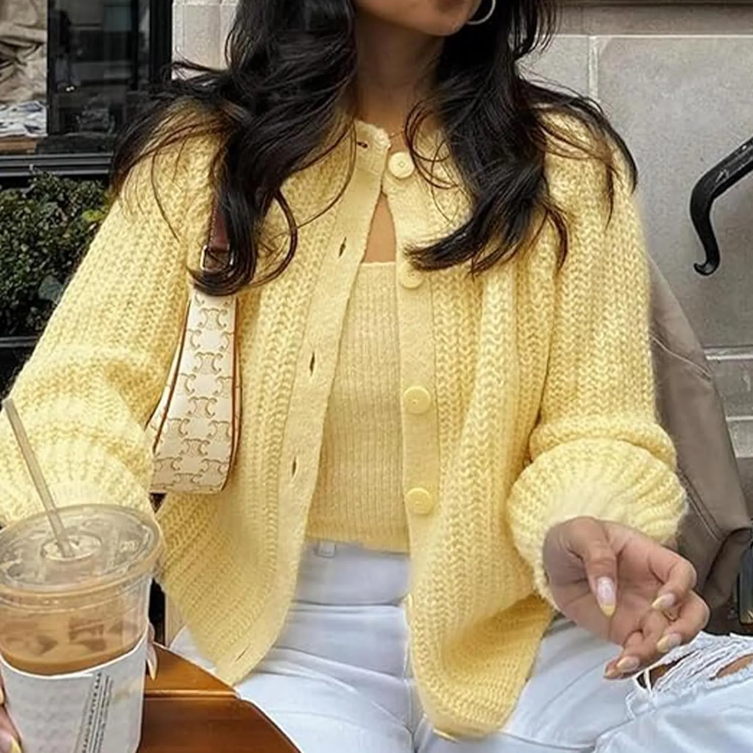Hixiaohe Cardigan Sweater for Women Long Sleeve Button Y2K Chunky Knit Sweater Fall Casual Open Front Outwear Knitwear Coat