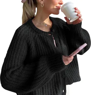 Hixiaohe Cardigan Sweater for Women Long Sleeve Button Y2K Chunky Knit Sweater Fall Casual Open Front Outwear Knitwear Coat