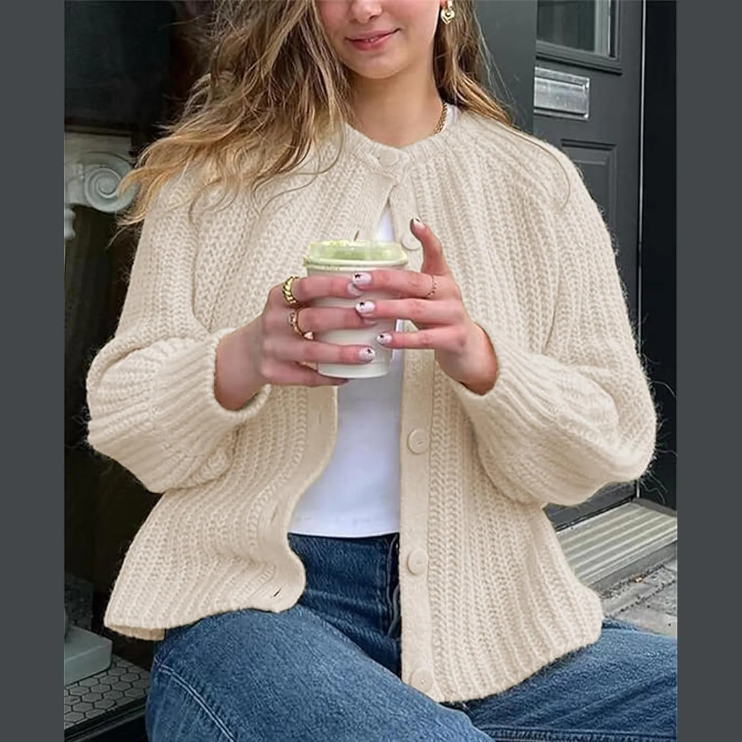 Hixiaohe Cardigan Sweater for Women Long Sleeve Button Y2K Chunky Knit Sweater Fall Casual Open Front Outwear Knitwear Coat