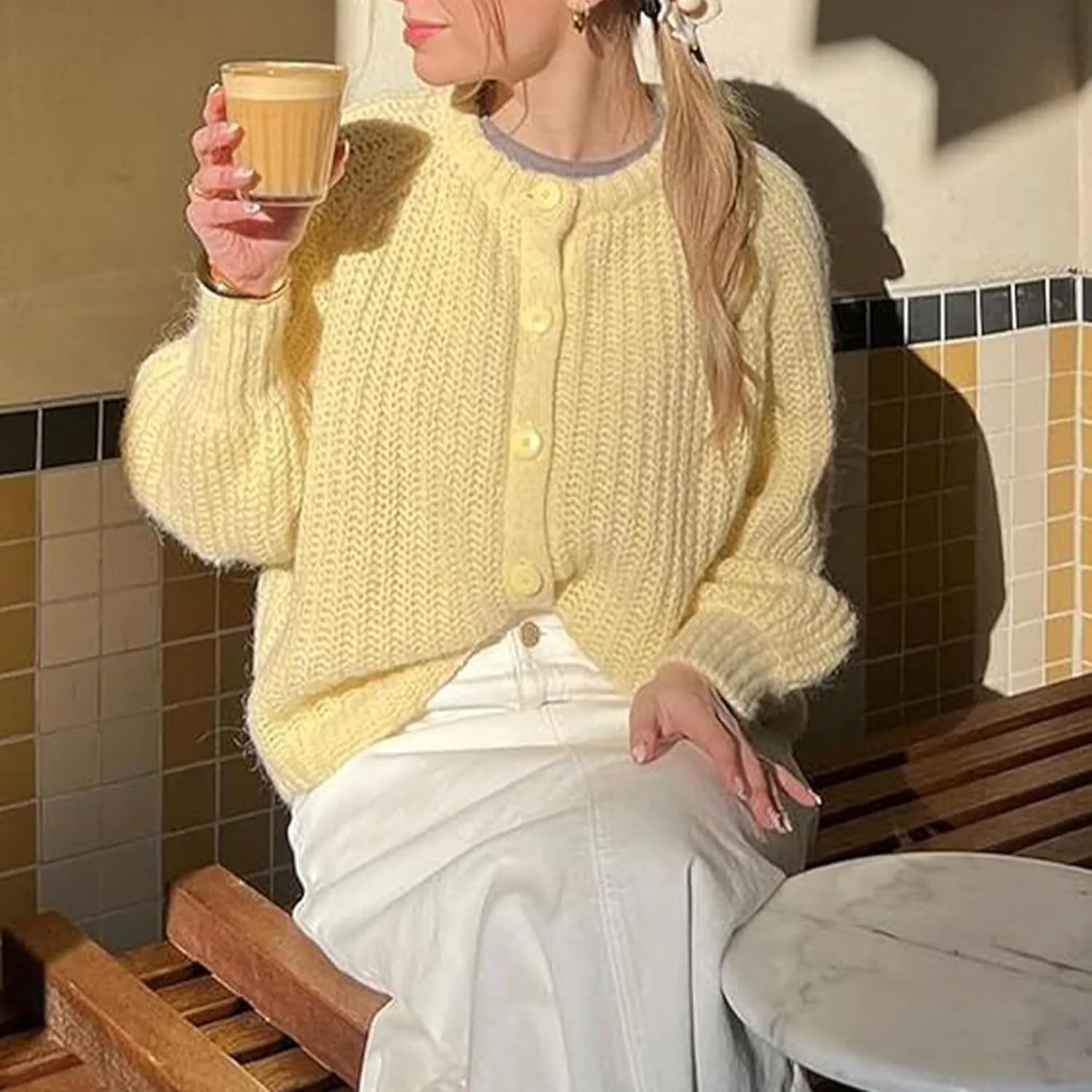 Hixiaohe Cardigan Sweater for Women Long Sleeve Button Y2K Chunky Knit Sweater Fall Casual Open Front Outwear Knitwear Coat