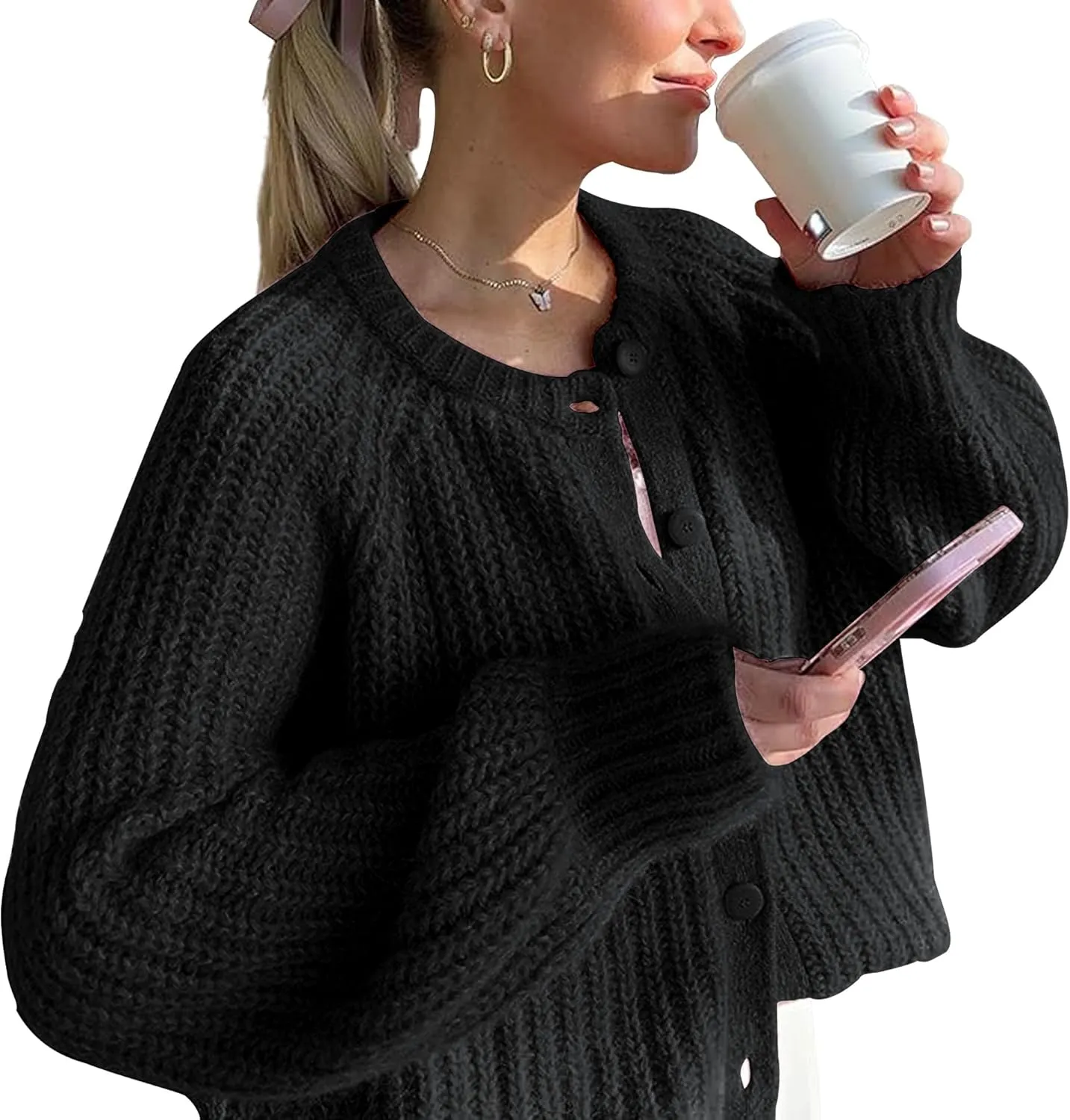 Hixiaohe Cardigan Sweater for Women Long Sleeve Button Y2K Chunky Knit Sweater Fall Casual Open Front Outwear Knitwear Coat