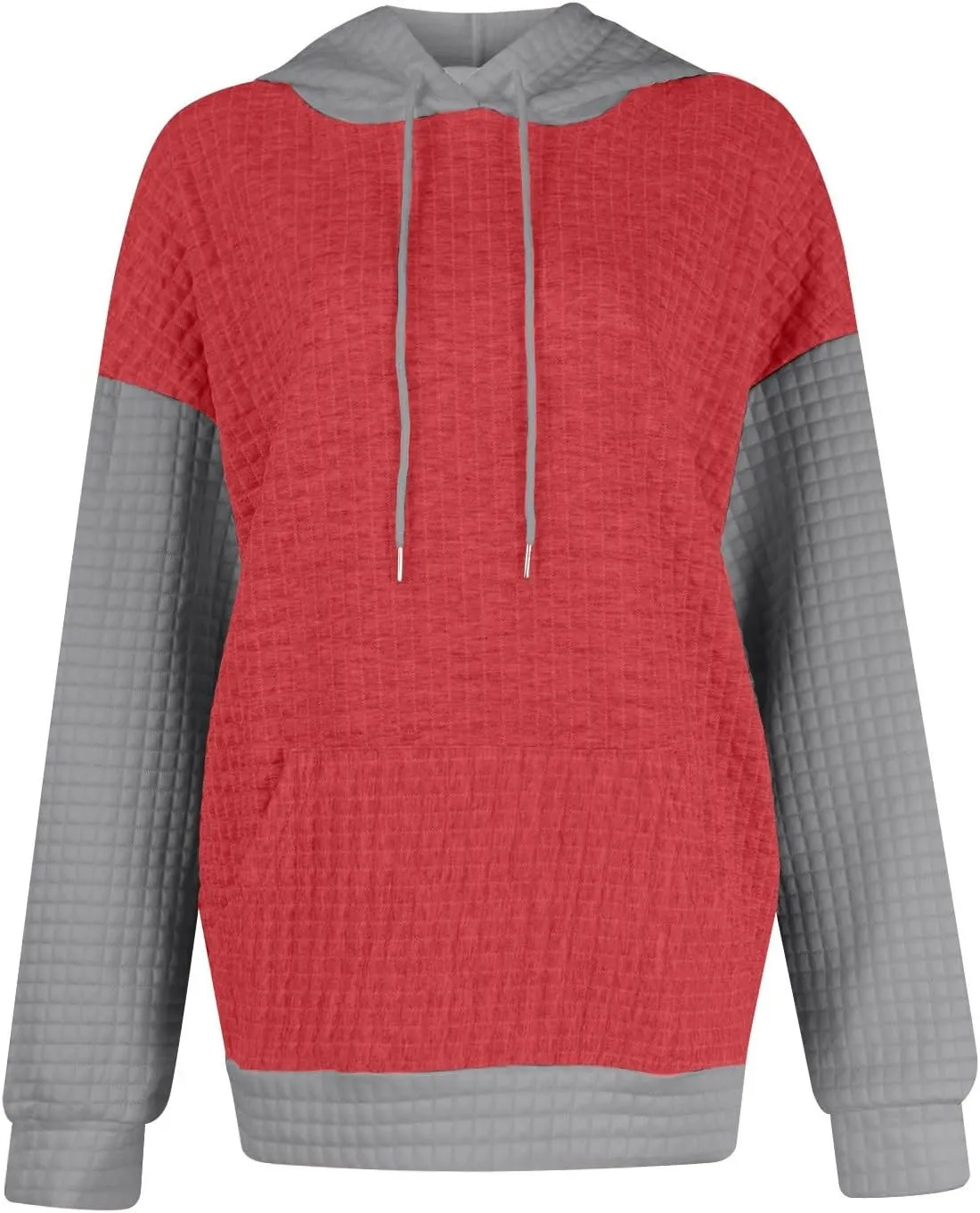 Hoodies for Women Waffle Knit Color Block Drawstring Hooded Oversized Sweatshirt Loose Fit Pullover Sweater