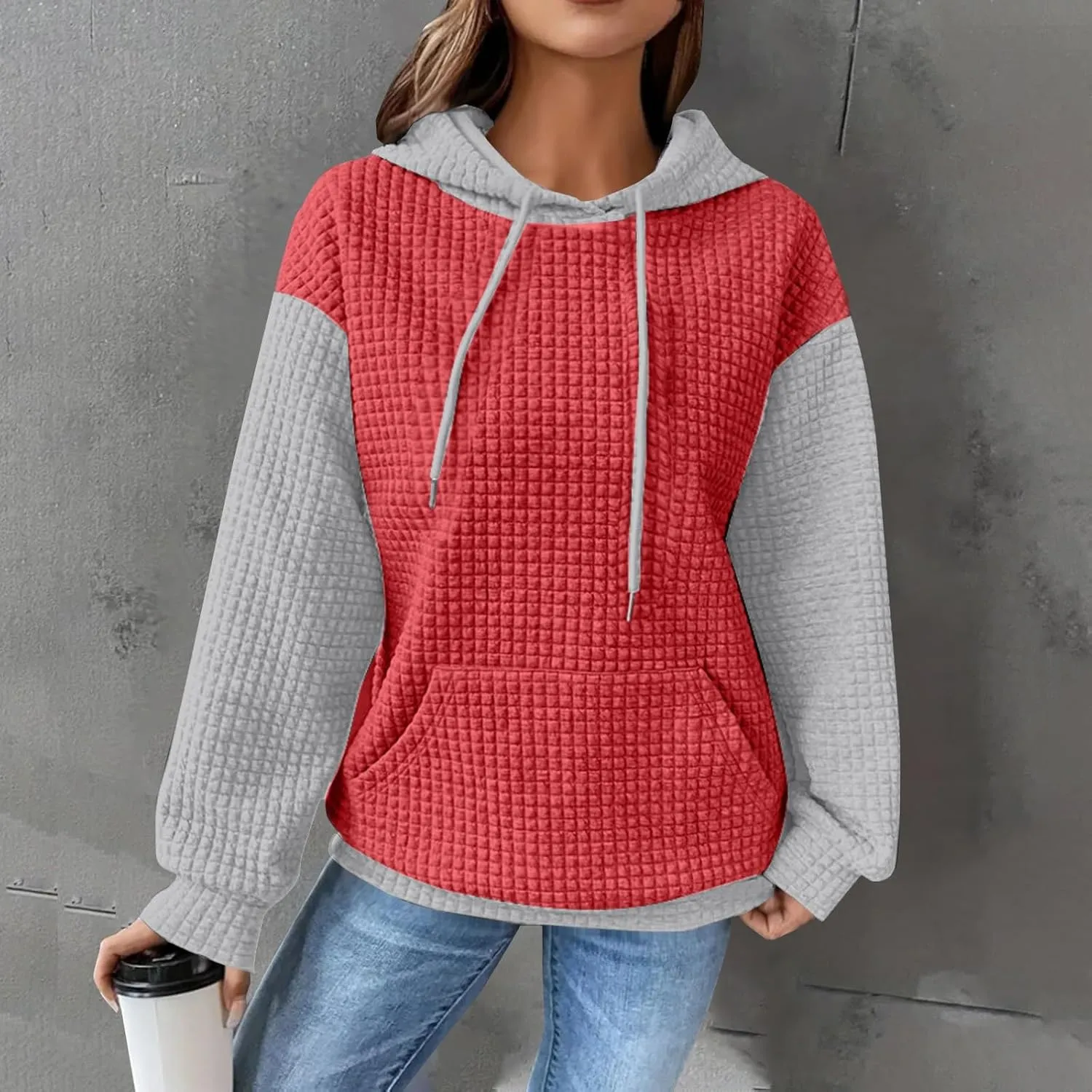 Hoodies for Women Waffle Knit Color Block Drawstring Hooded Oversized Sweatshirt Loose Fit Pullover Sweater