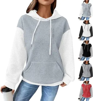 Hoodies for Women Waffle Knit Color Block Drawstring Hooded Oversized Sweatshirt Loose Fit Pullover Sweater