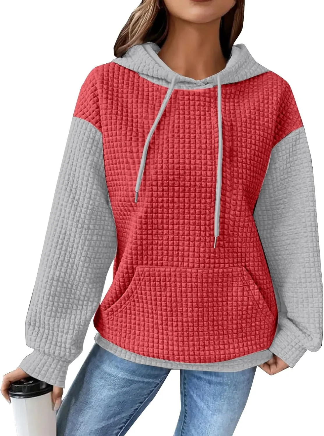 Hoodies for Women Waffle Knit Color Block Drawstring Hooded Oversized Sweatshirt Loose Fit Pullover Sweater