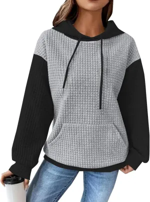 Hoodies for Women Waffle Knit Color Block Drawstring Hooded Oversized Sweatshirt Loose Fit Pullover Sweater