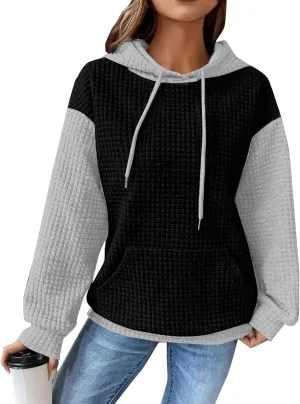 Hoodies for Women Waffle Knit Color Block Drawstring Hooded Oversized Sweatshirt Loose Fit Pullover Sweater