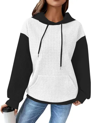 Hoodies for Women Waffle Knit Color Block Drawstring Hooded Oversized Sweatshirt Loose Fit Pullover Sweater