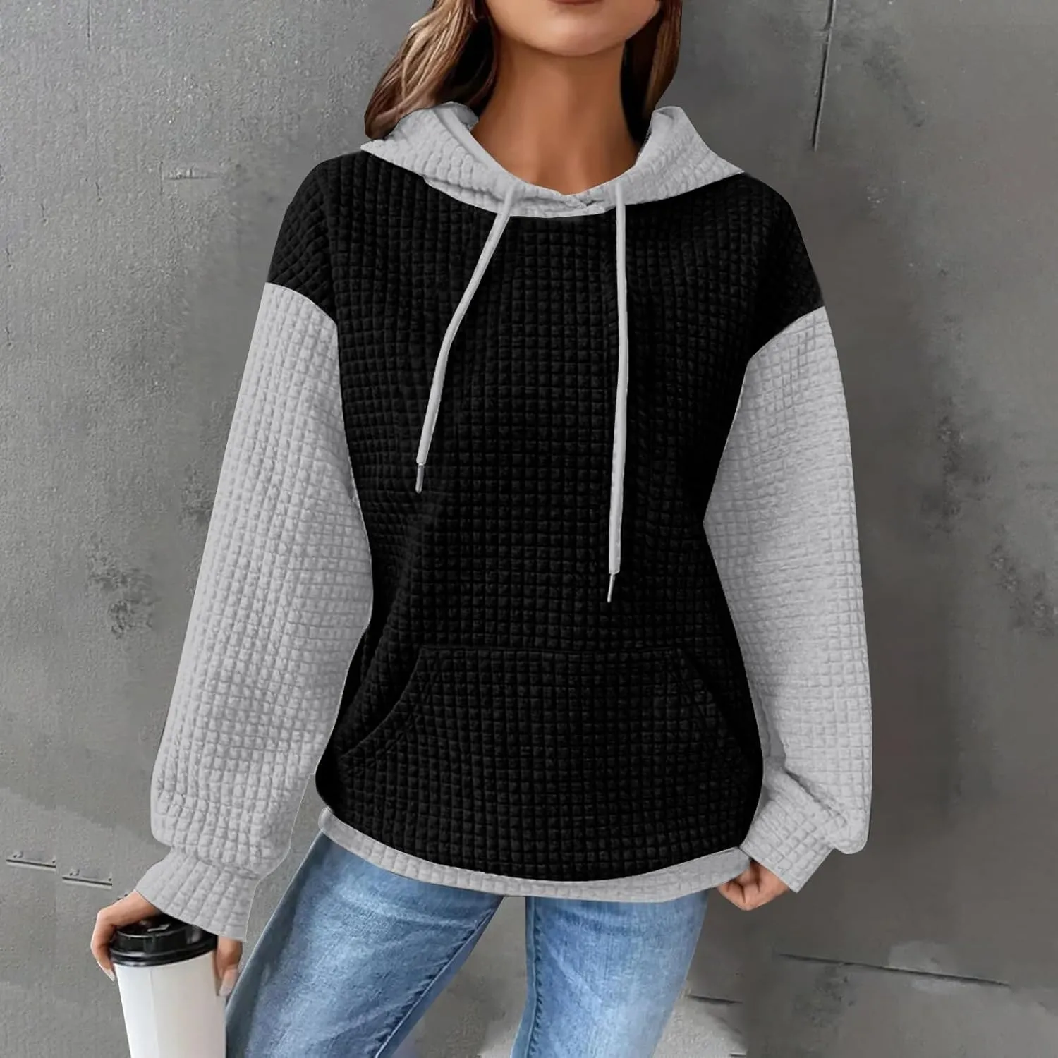 Hoodies For Women,2024 Fall Trendy Waffle Long Sleeve Drawstring Pullover Tops Casual Preppy Sweatshirt With Pockets