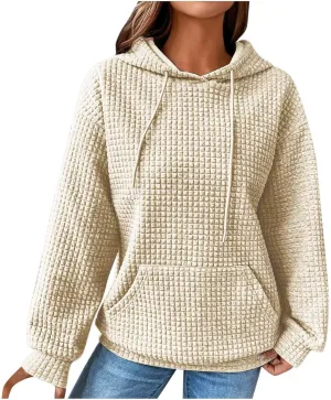 Hoodies For Women,2024 Fall Trendy Waffle Long Sleeve Drawstring Pullover Tops Casual Preppy Sweatshirt With Pockets