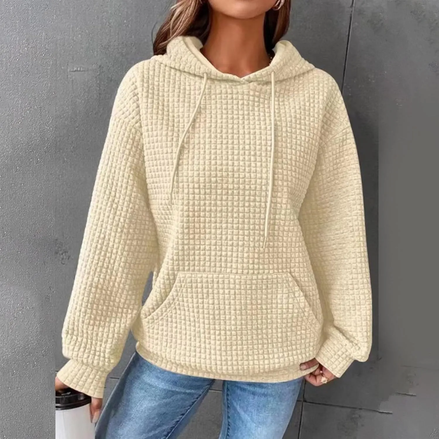 Hoodies For Women,2024 Fall Trendy Waffle Long Sleeve Drawstring Pullover Tops Casual Preppy Sweatshirt With Pockets