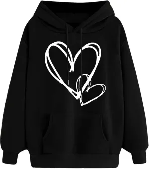 Hoodies For Women,Oversized Love Heart Print Pullover Tops With Pocket Casual Fleece Long Sleeve Hoodie Sweatshirt 2024