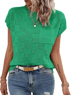 Imily Bela Womens Cap Sleeve Sweater Sleeveless Crewneck Checkered Casual Loose Fit Knit Shirts Pullover Tops