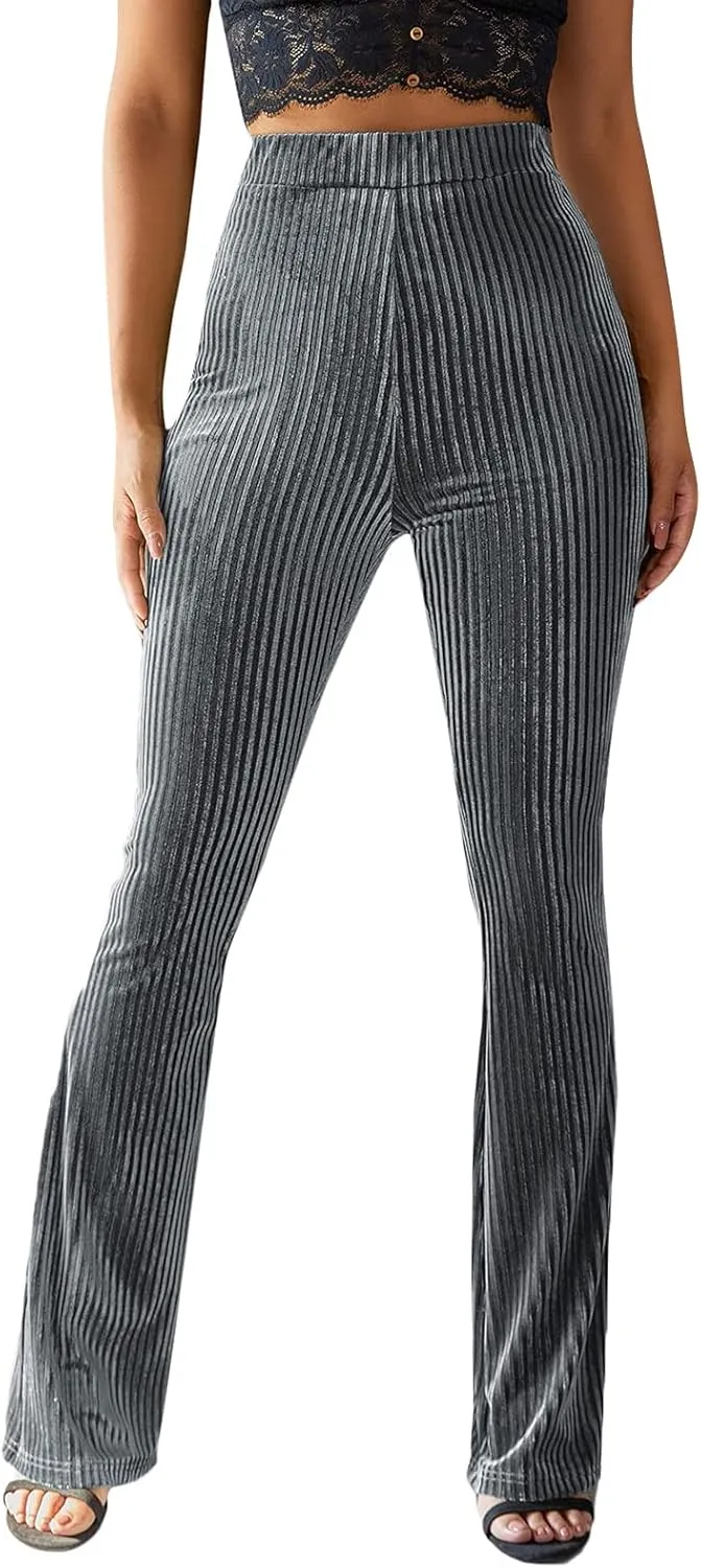 iTranyee Women's Casual Corduroy Flared Pants Trendy High Waist Stretch Bootcut Bell Bottom Trousers Slim Fit Wide Leg Pants
