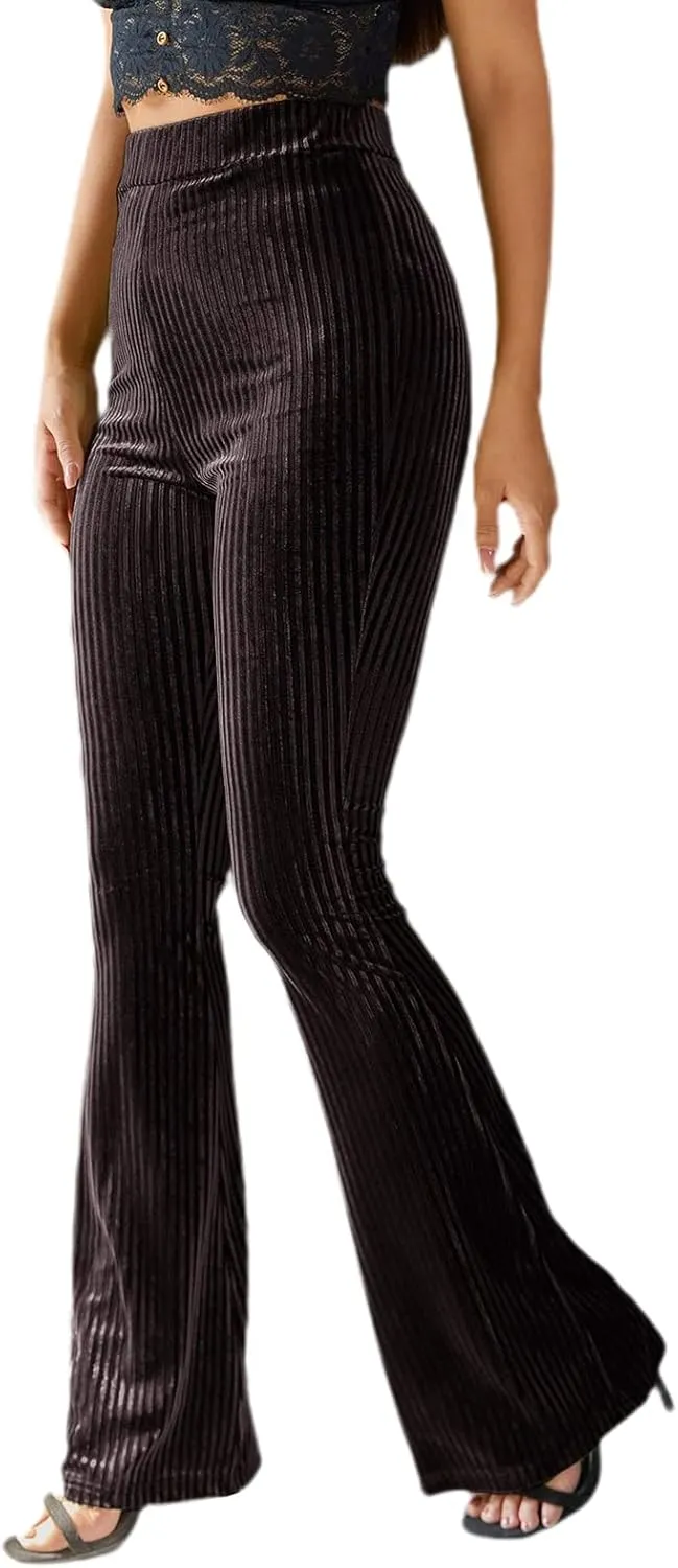 iTranyee Women's Casual Corduroy Flared Pants Trendy High Waist Stretch Bootcut Bell Bottom Trousers Slim Fit Wide Leg Pants