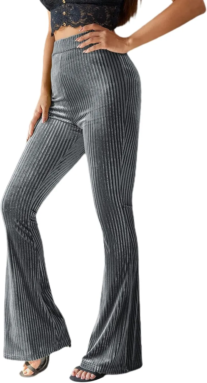 iTranyee Women's Casual Corduroy Flared Pants Trendy High Waist Stretch Bootcut Bell Bottom Trousers Slim Fit Wide Leg Pants