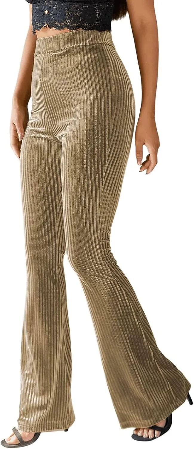 iTranyee Women's Casual Corduroy Flared Pants Trendy High Waist Stretch Bootcut Bell Bottom Trousers Slim Fit Wide Leg Pants
