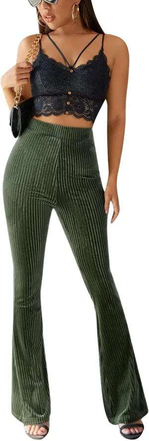 iTranyee Women's Casual Corduroy Flared Pants Trendy High Waist Stretch Bootcut Bell Bottom Trousers Slim Fit Wide Leg Pants