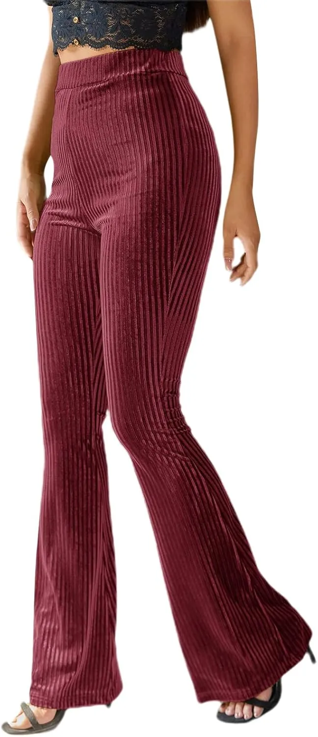 iTranyee Women's Casual Corduroy Flared Pants Trendy High Waist Stretch Bootcut Bell Bottom Trousers Slim Fit Wide Leg Pants