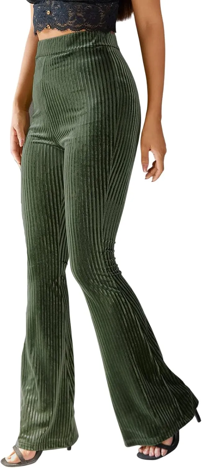iTranyee Women's Casual Corduroy Flared Pants Trendy High Waist Stretch Bootcut Bell Bottom Trousers Slim Fit Wide Leg Pants
