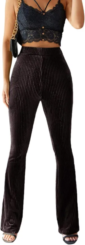 iTranyee Women's Casual Corduroy Flared Pants Trendy High Waist Stretch Bootcut Bell Bottom Trousers Slim Fit Wide Leg Pants