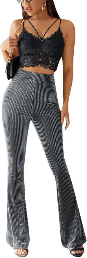 iTranyee Women's Casual Corduroy Flared Pants Trendy High Waist Stretch Bootcut Bell Bottom Trousers Slim Fit Wide Leg Pants