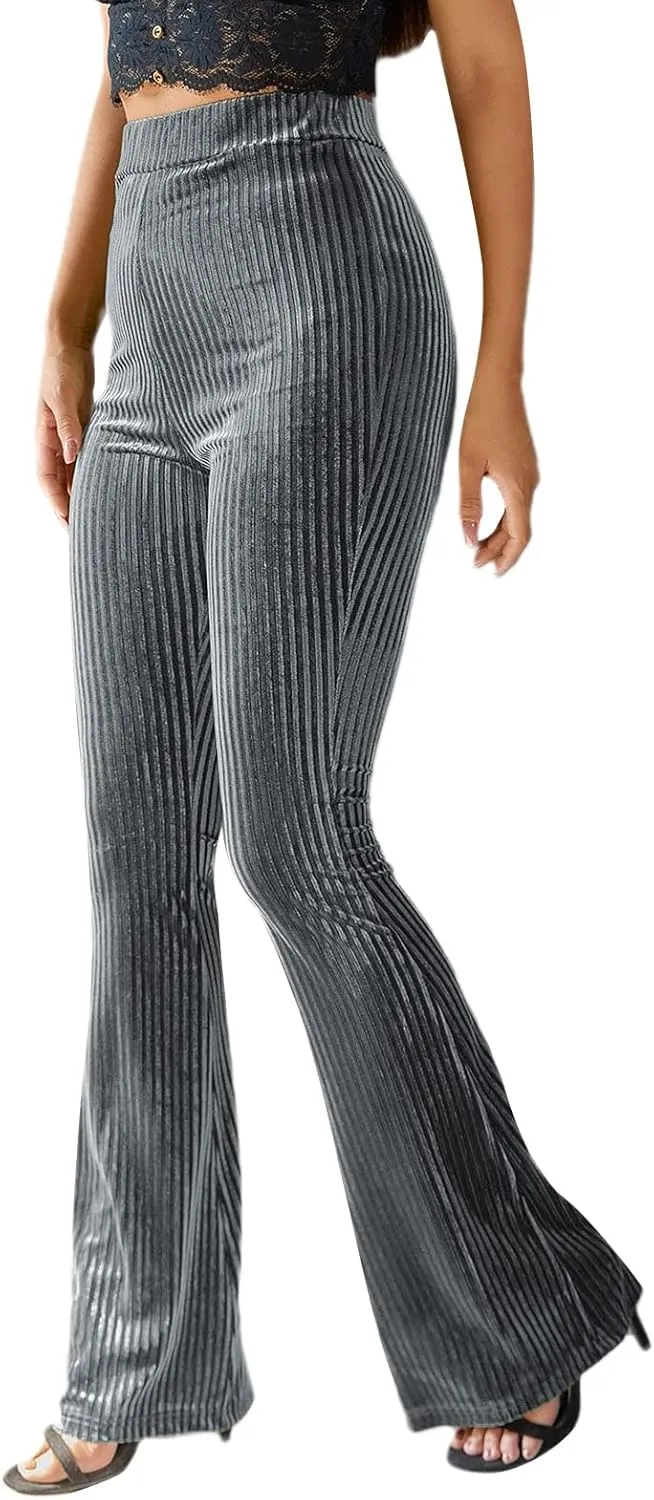 iTranyee Women's Casual Corduroy Flared Pants Trendy High Waist Stretch Bootcut Bell Bottom Trousers Slim Fit Wide Leg Pants