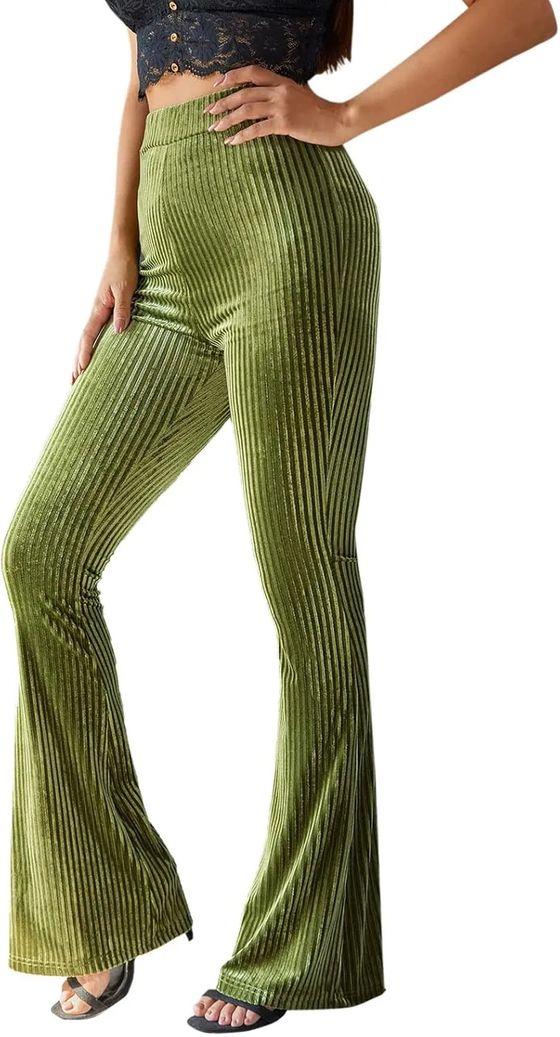 iTranyee Women's Casual Corduroy Flared Pants Trendy High Waist Stretch Bootcut Bell Bottom Trousers Slim Fit Wide Leg Pants