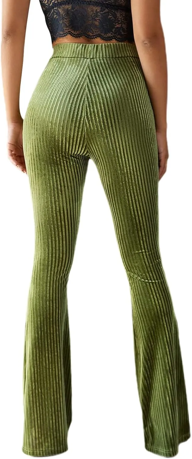 iTranyee Women's Casual Corduroy Flared Pants Trendy High Waist Stretch Bootcut Bell Bottom Trousers Slim Fit Wide Leg Pants
