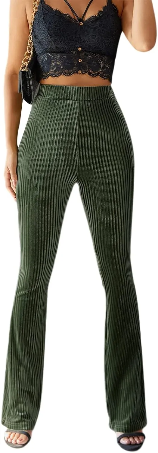iTranyee Women's Casual Corduroy Flared Pants Trendy High Waist Stretch Bootcut Bell Bottom Trousers Slim Fit Wide Leg Pants